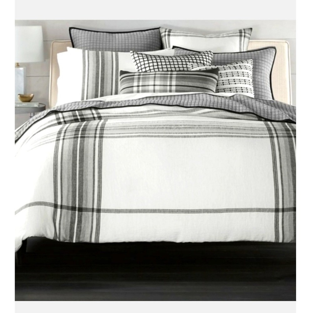 Hotel Collection King Duvet Cover 100% Linen Grey White Oversized Plaid Modern